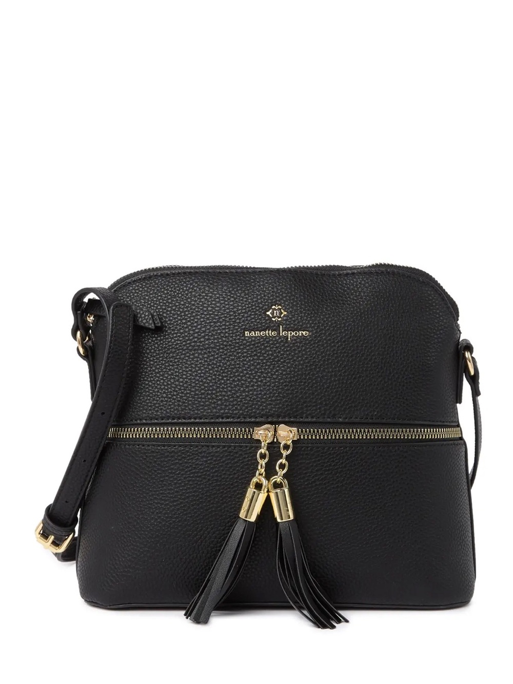 Nanette Lepore Black Pebble Grain Leather Lonnie Dome Crossbody Bag with Tassel